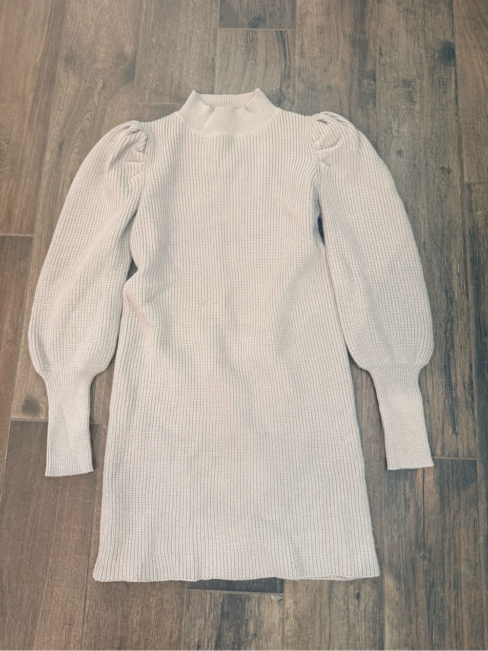 entro Cream Knit Puff-Sleeve Mock-Neck Sweater Dress